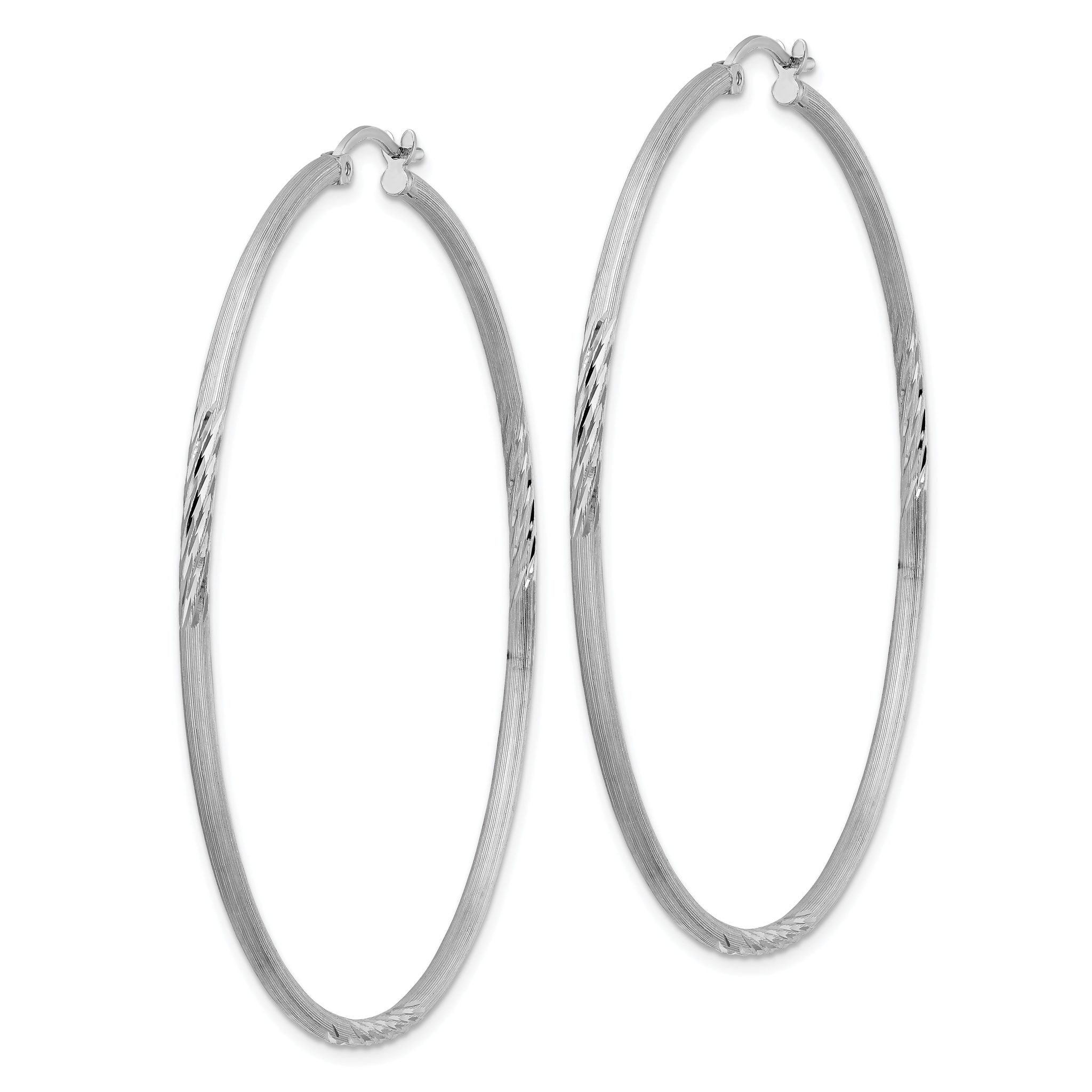 Sterling Silver Rhodium-plated 2mm Polished/Satin Diamond-cut Hoop Earrings