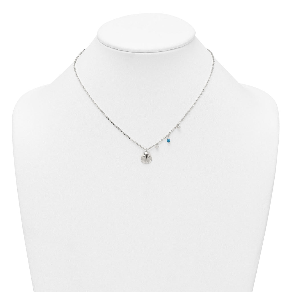 Sterling Silver Polished Beaded Turquoise and Grooved Seashell 16 inch with 2 inch Extension Necklace
