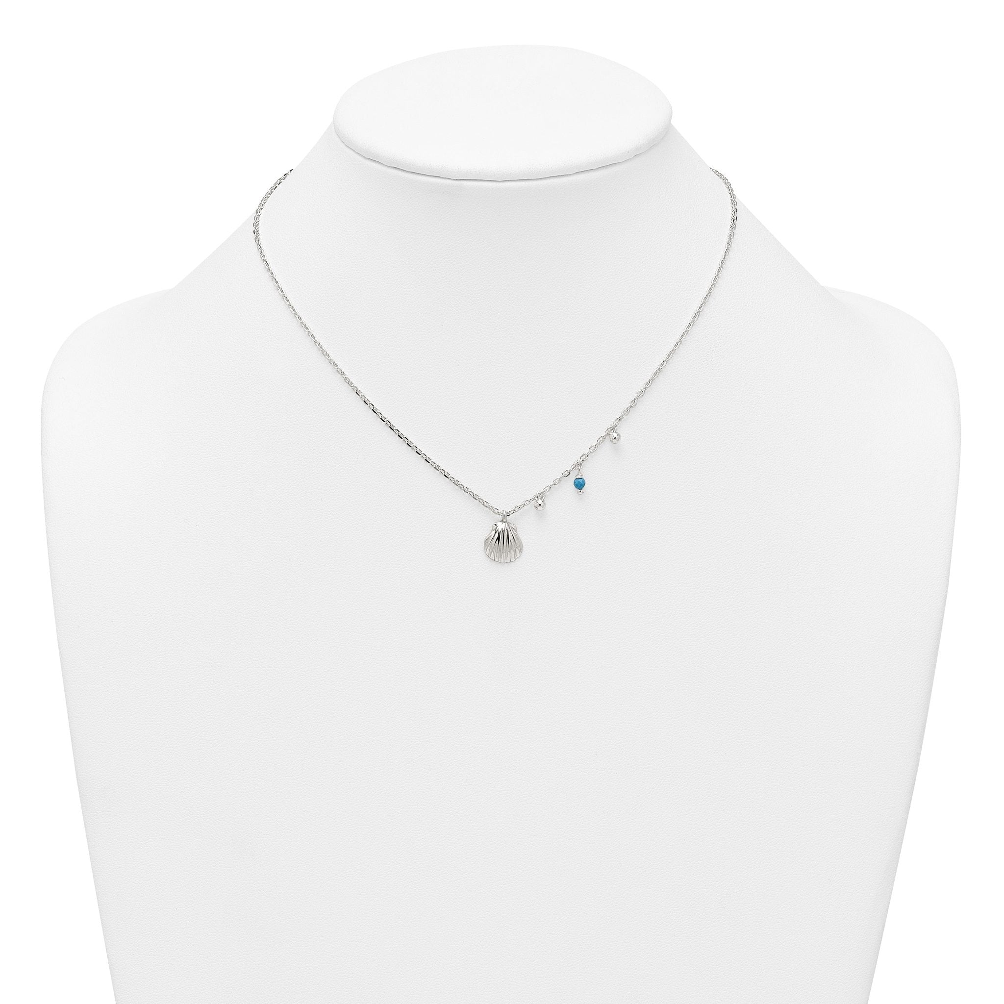 Sterling Silver Polished Beaded Turquoise and Grooved Seashell 16 inch with 2 inch Extension Necklace