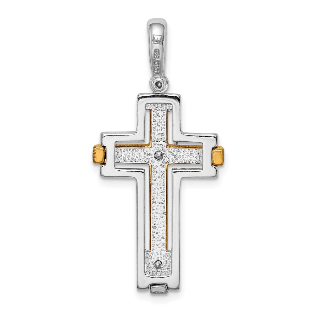 Sterling Silver Two-Tone Cross Pendant with Rhodium and Gold Accents