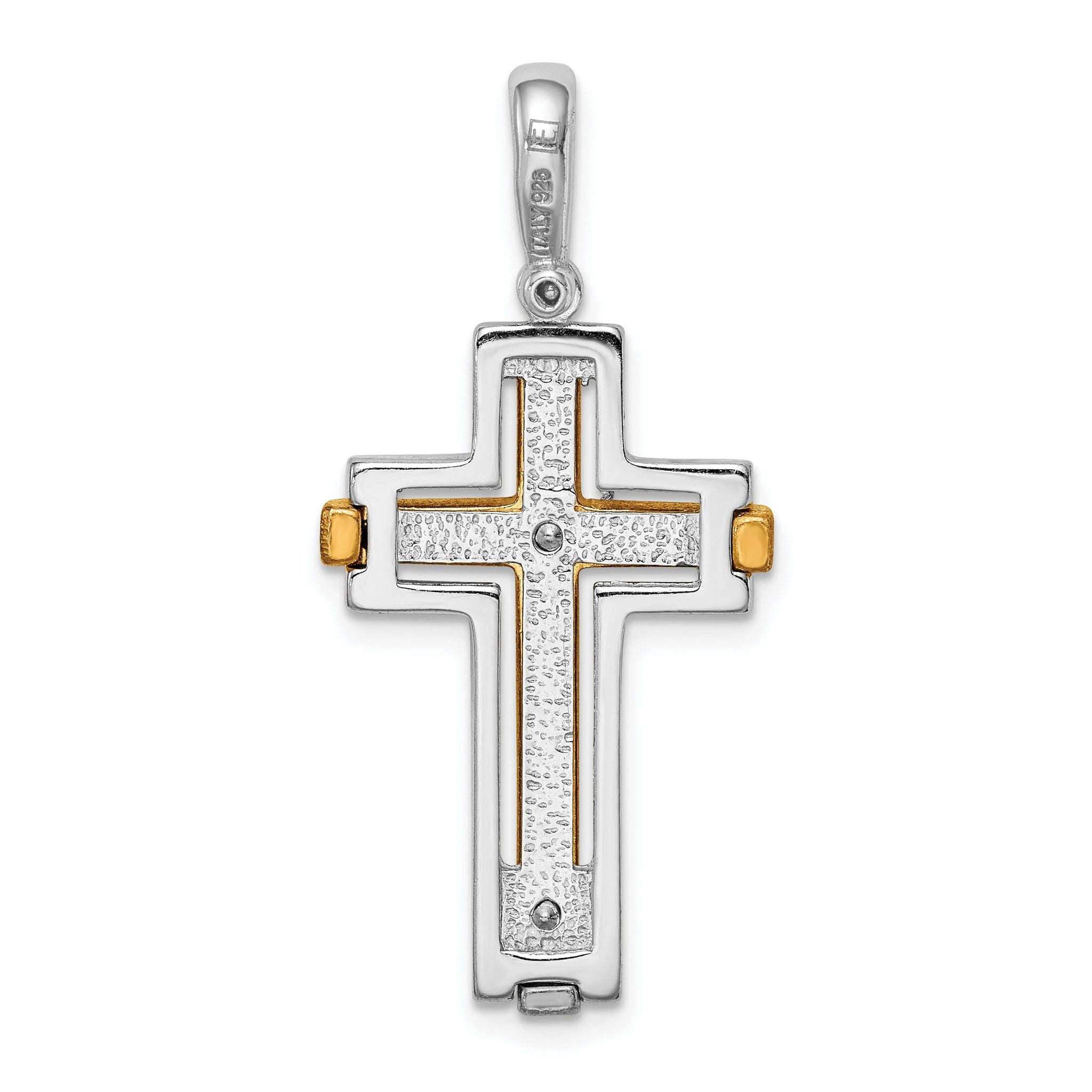 Sterling Silver Two-Tone Cross Pendant with Rhodium and Gold Accents