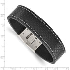 Stainless Steel Polished Black Leather Bracelet for Men