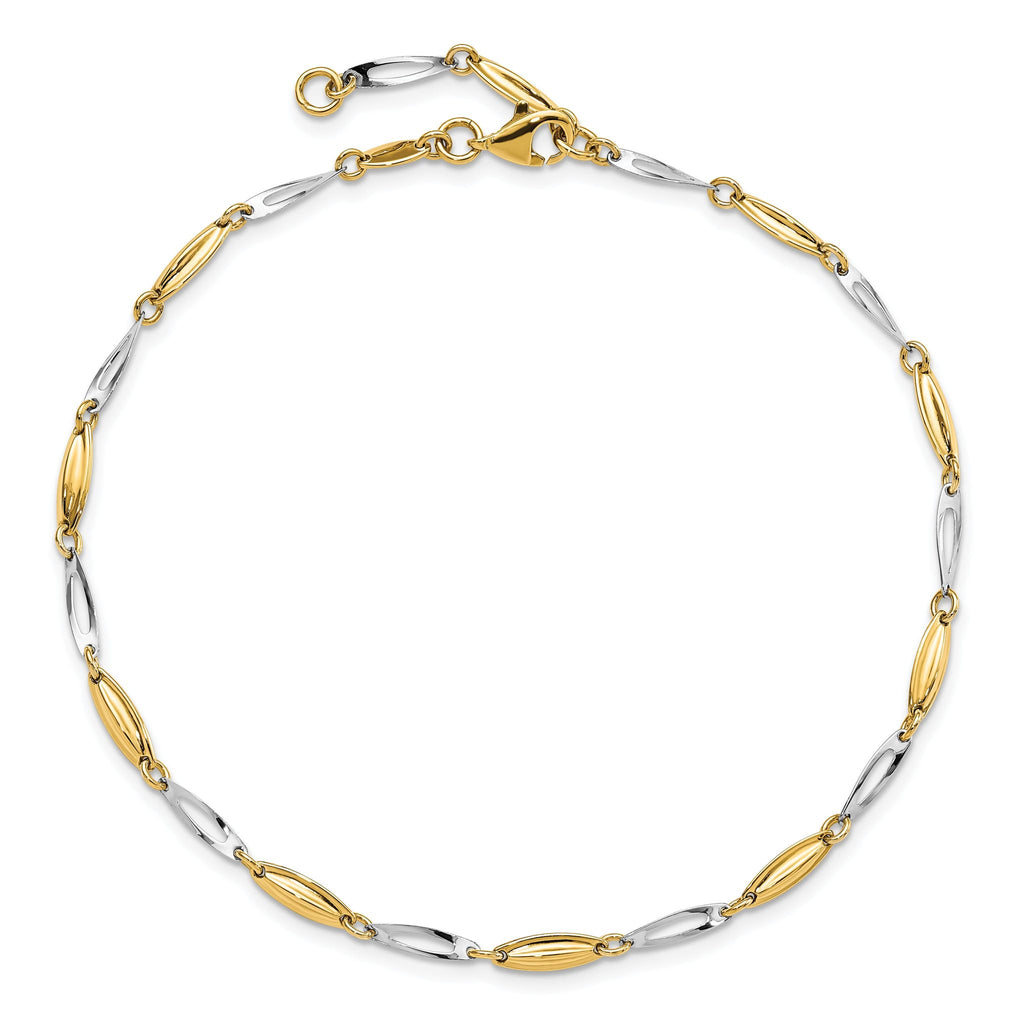 14K Two-tone Polished Fancy 9 inch Plus 1 inch Extender - Total 10 inch Anklet