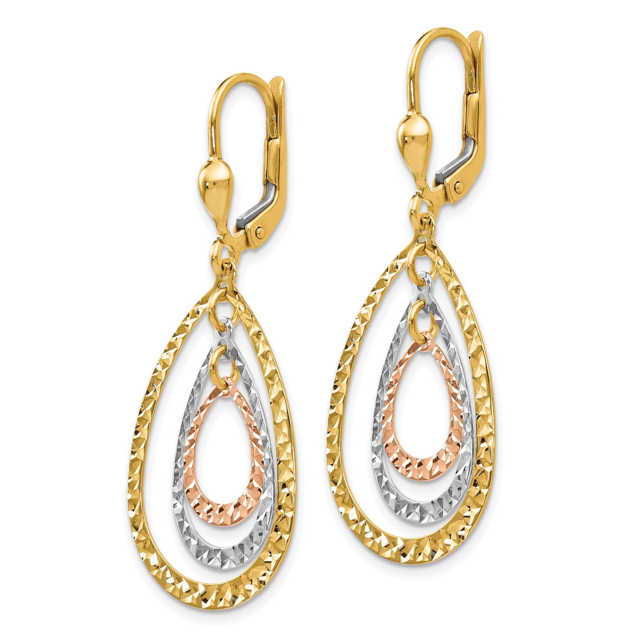 14K Tri-Color Gold Leverback Drop Earrings with Polished Textured Finish Secondary image