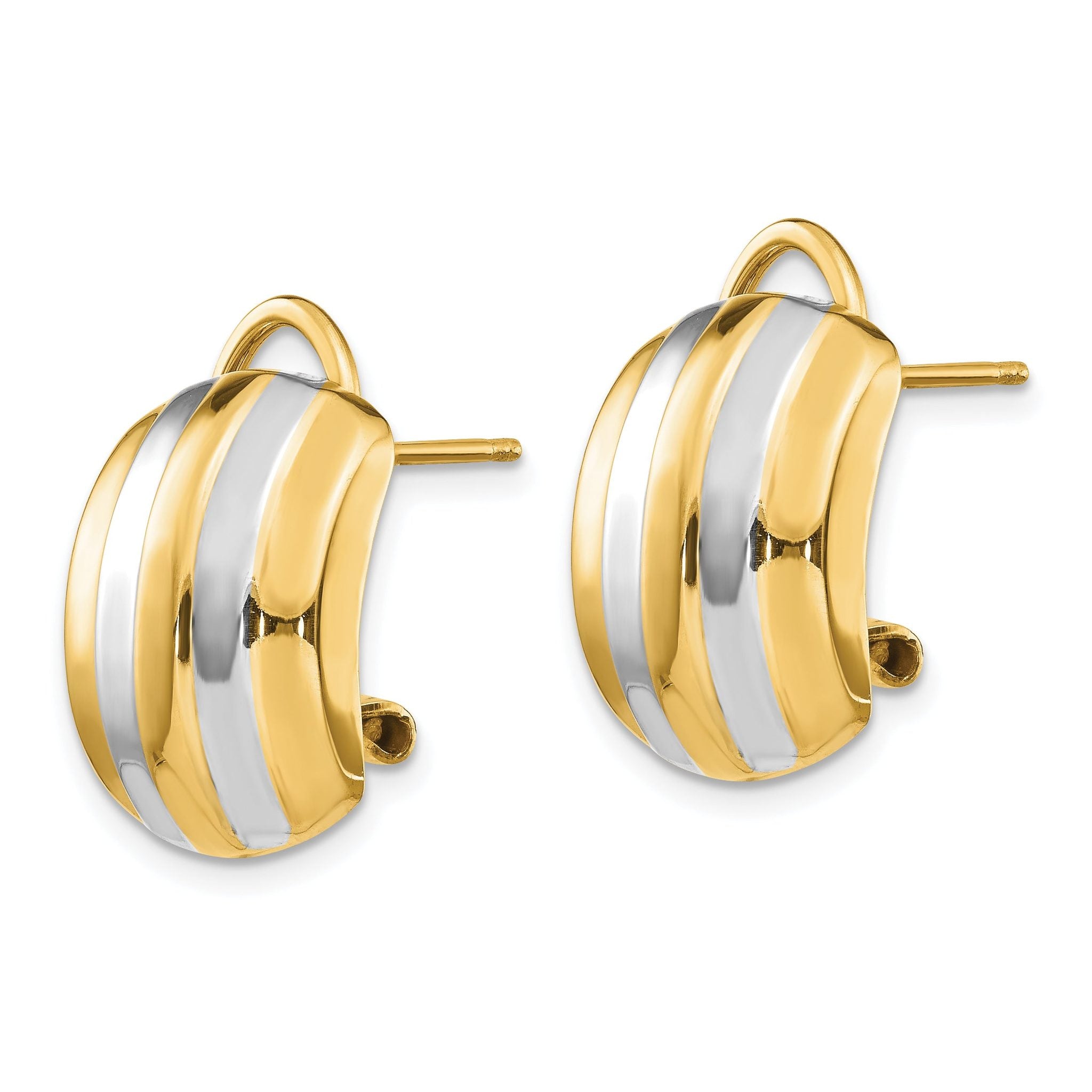 14k & Rhodium Ribbed Omega Back Post Earrings Secondary image
