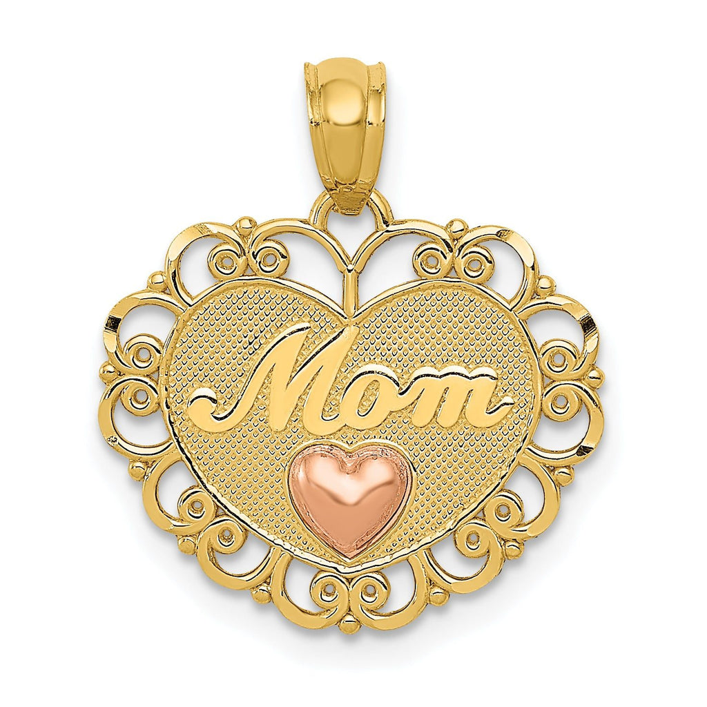 14K Two-Tone Gold MOM Heart Pendant with Polished Finish Elegant Gift