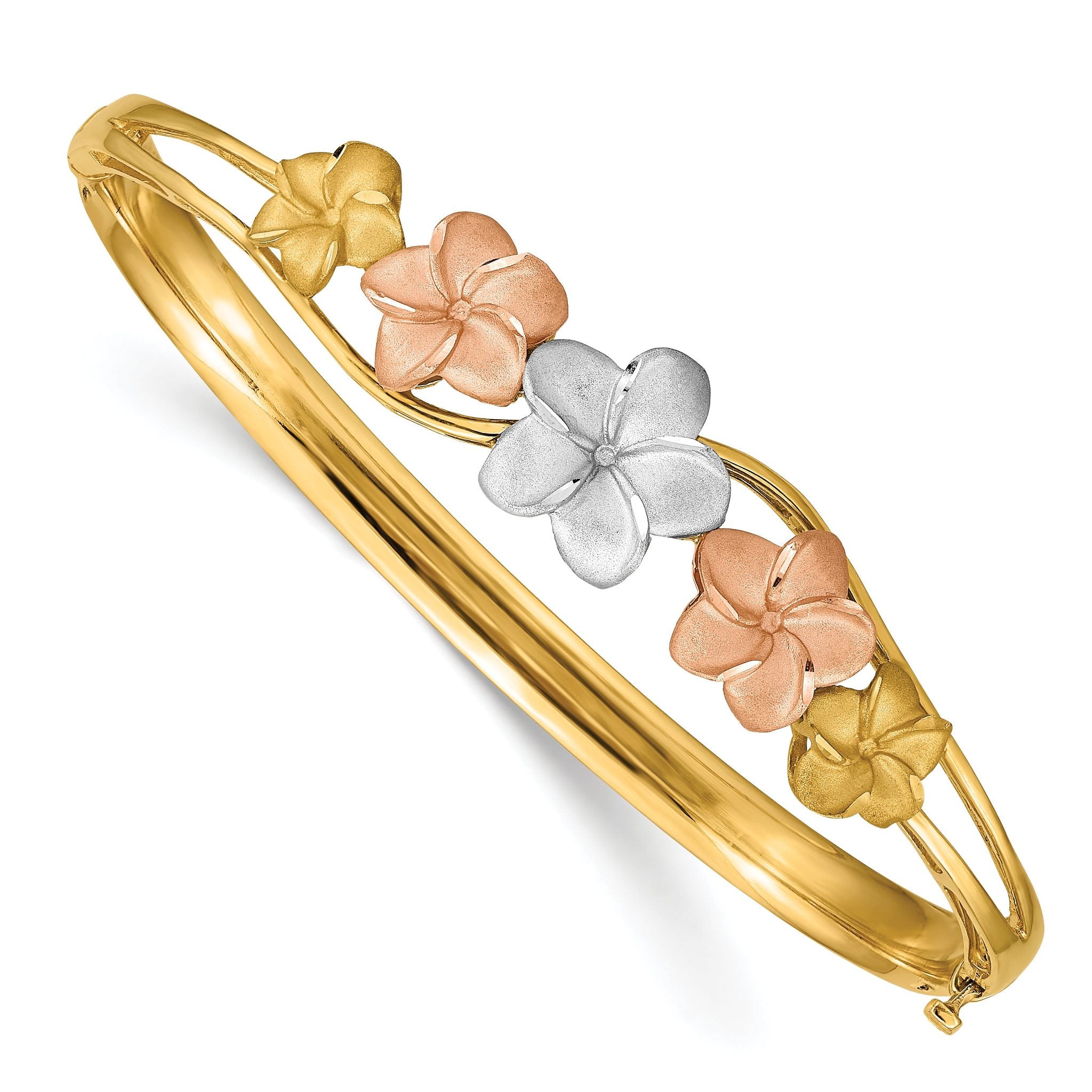 14K Tri-Color Gold Plumeria Bangle with Hinged Diamond-Cut Design Main image