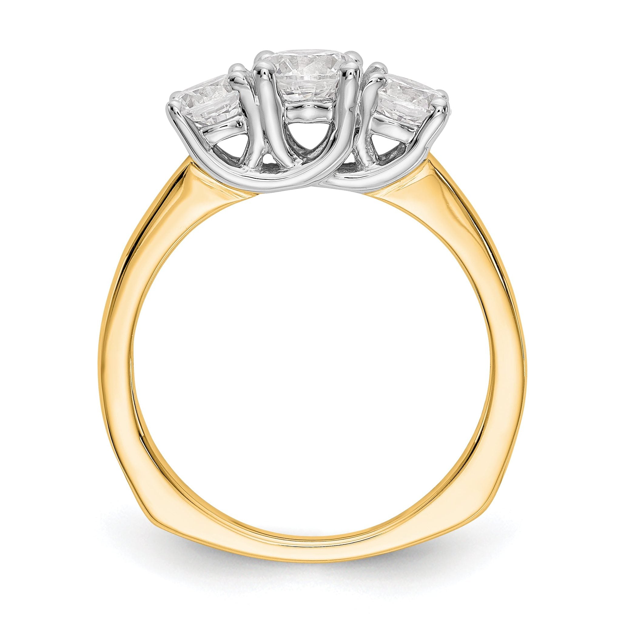 14K Two-tone 3-Stone (Holds 1/2 carat (5.2mm) Round Center) Includes 2-4.5mm Round Side Diamonds Semi-Mount Engagement Ring