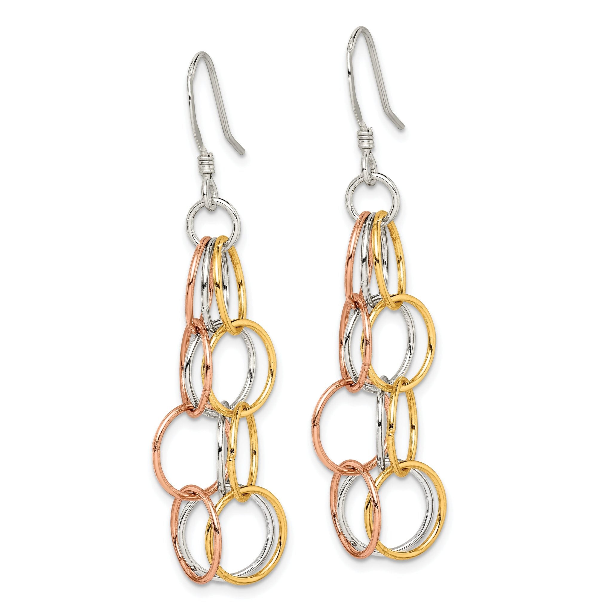 Sterling Silver w/ Tri-color Vermeil Polished Circle Link Dangle Earrings Secondary image
