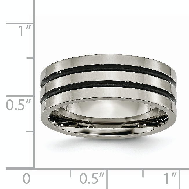 Black Enamel Grooved Wedding Band in Titanium, 8mm