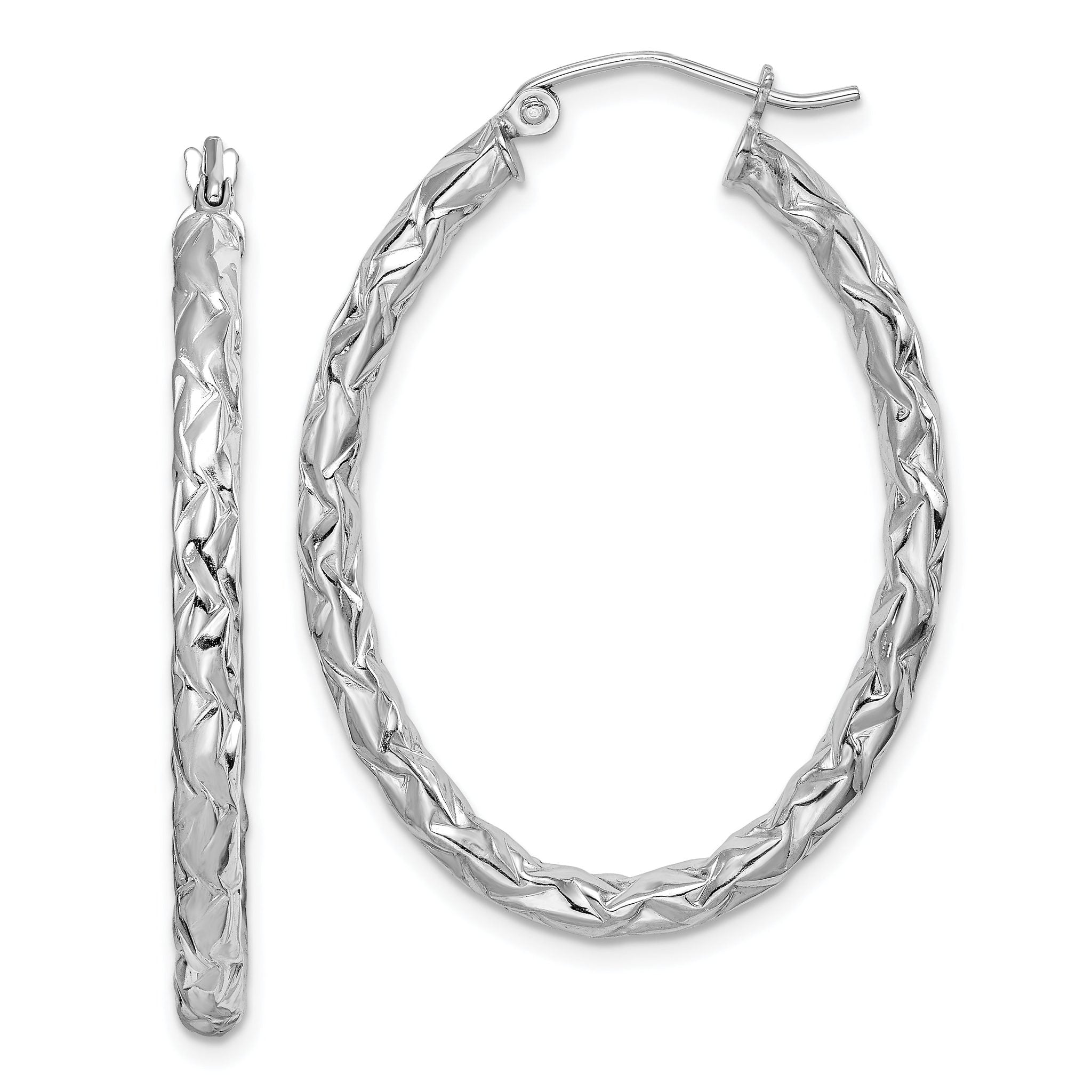 Sterling Silver 925 Oval Hoop Earrings with Rhodium-Plated Polished Diamond-Cut Finish Main image