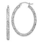 Sterling Silver 925 Oval Hoop Earrings with Rhodium-Plated Polished Diamond-Cut Finish