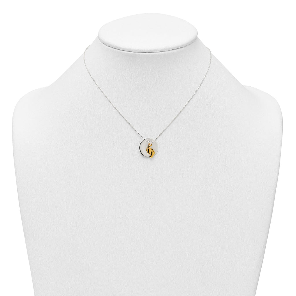 Sterling Silver with Gold-tone Polished Footprint Dangle on Disc 16 inch Necklace
