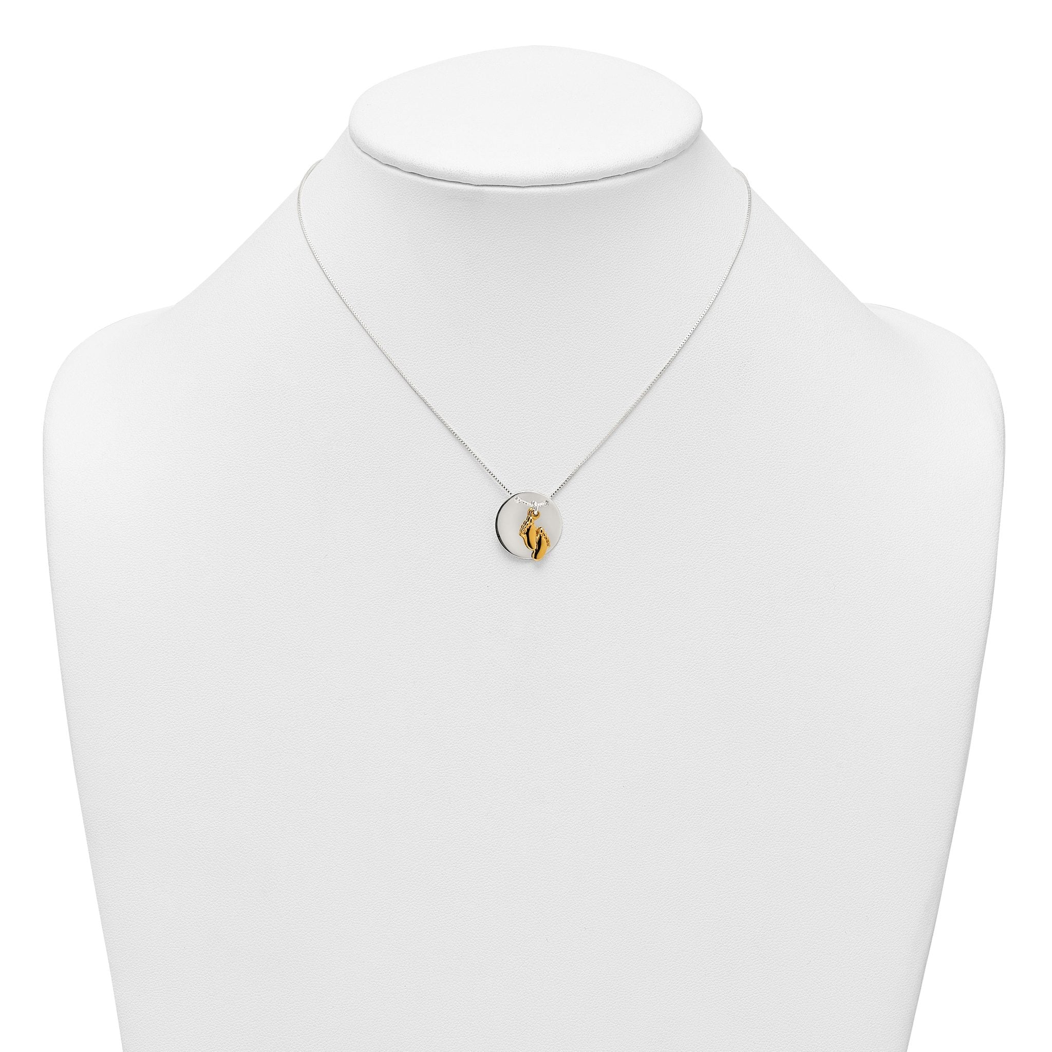 Sterling Silver with Gold-tone Polished Footprint Dangle on Disc 16 inch Necklace