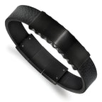Stainless Steel Brushed and Polished Black IP-plated Black Textured Leather ID Bracelet with . Extension for Men