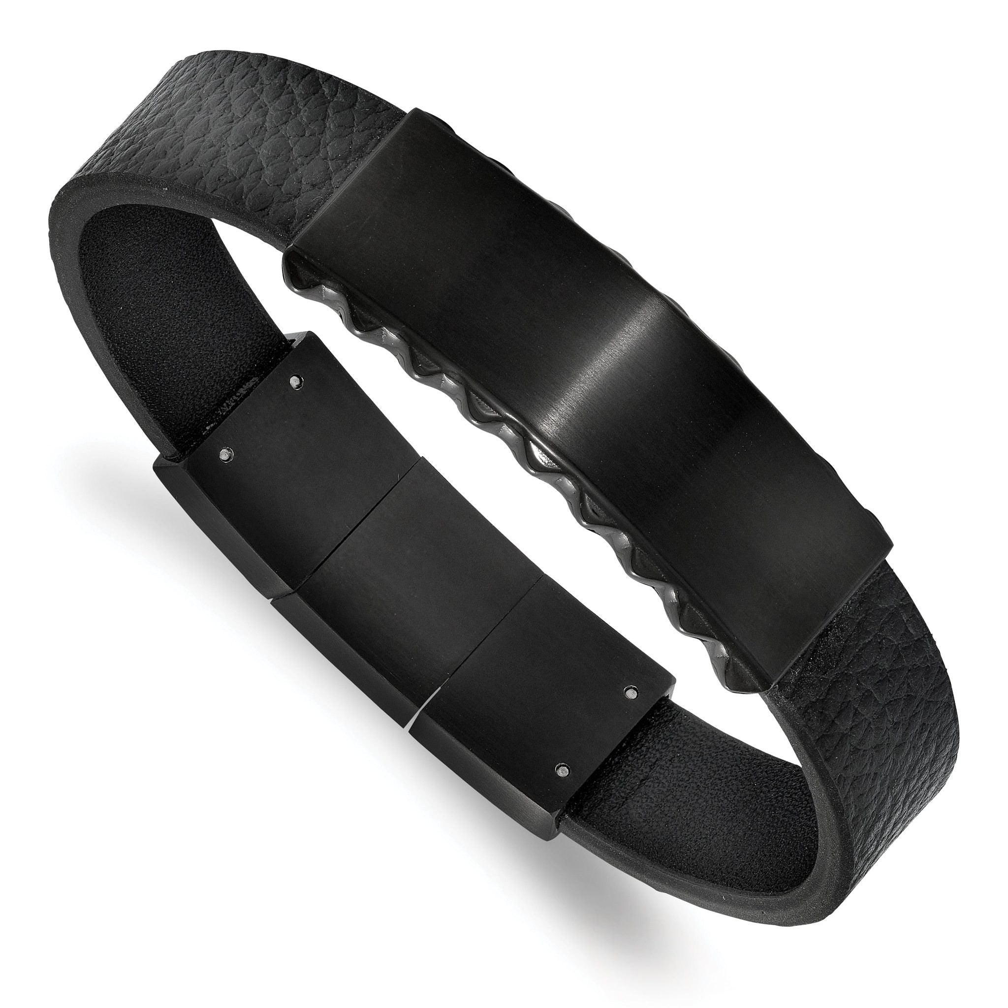 Stainless Steel Brushed and Polished Black IP-plated Black Textured Leather ID Bracelet with . Extension for Men