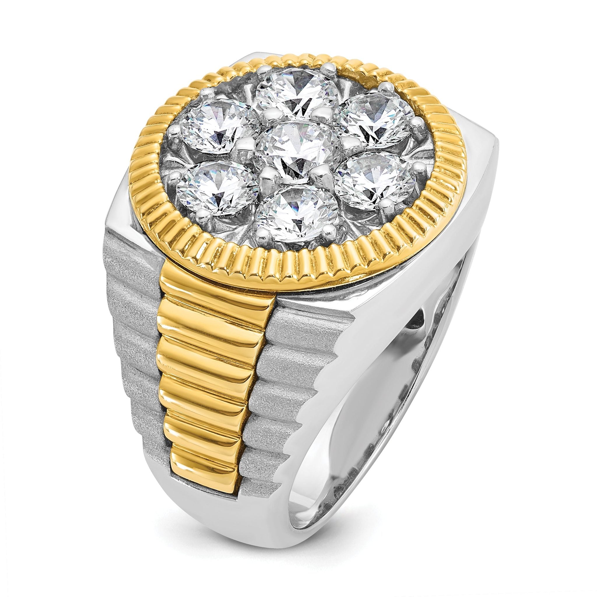 14k Two-tone Men's Polished Satin and Ribbed 3 Carat AA Quality Diamond Round Cluster Ring