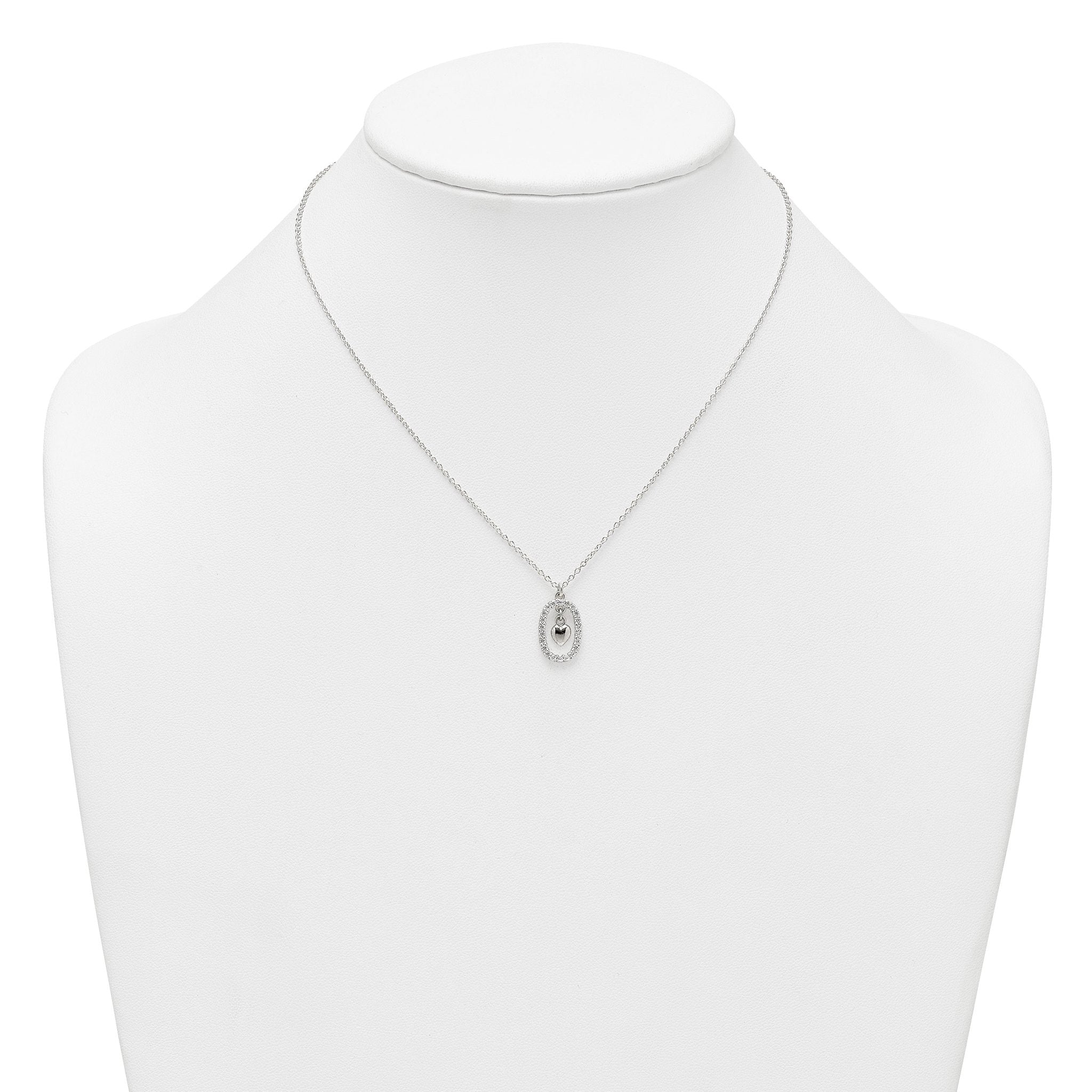 Sterling Silver Polished White CZ Oval with Dangle Heart 16 inch Necklace