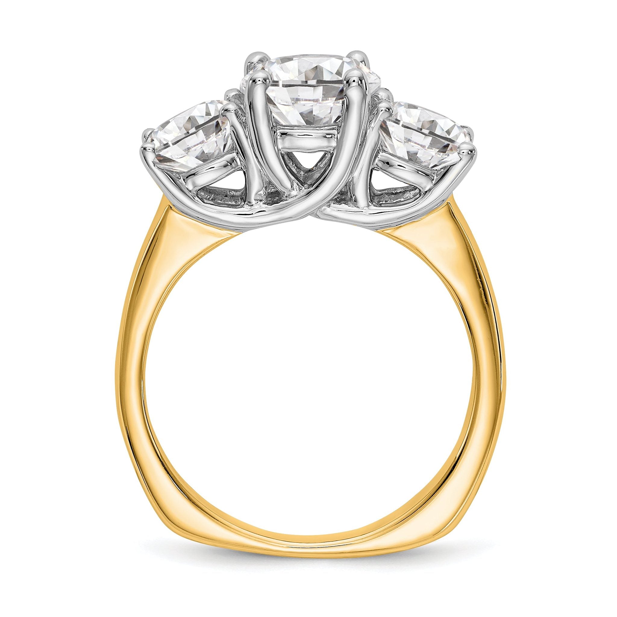 14K Two-tone 3-Stone (Holds 1 carat (6.5mm) Round Center) Includes 2-5.00mm Round Side Diamonds Semi-Mount Engagement Ring