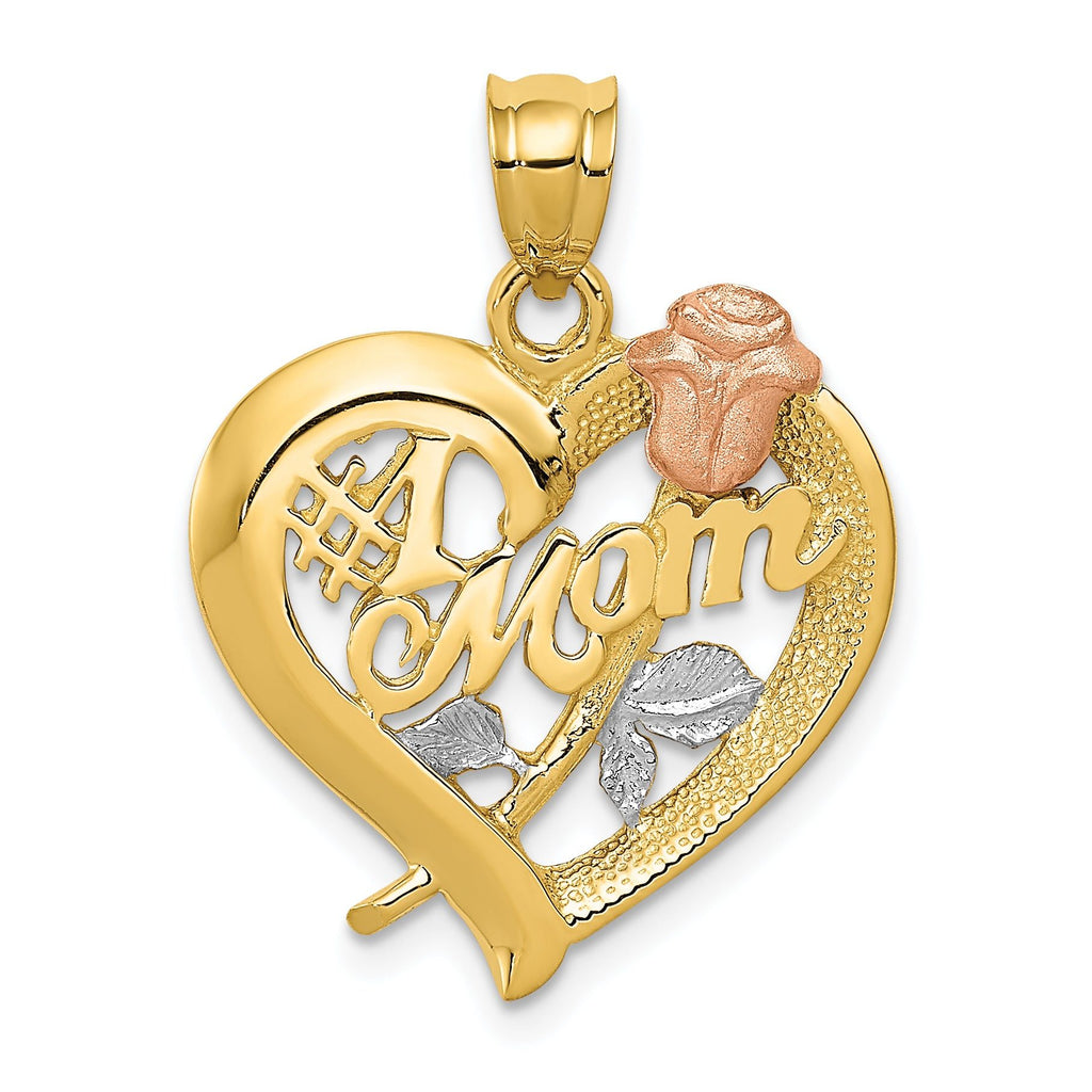 14K Two-Tone Gold Mom Charm with Rhodium Finish  Polished & Textured