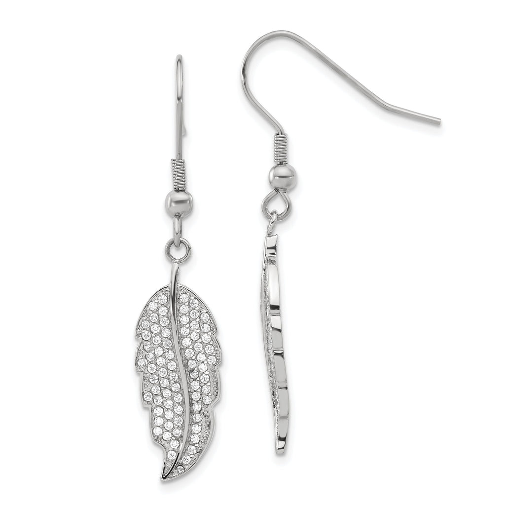Stainless Steel Polished Leaf Cubic Zirconia Drop Dangle Earrings for Women