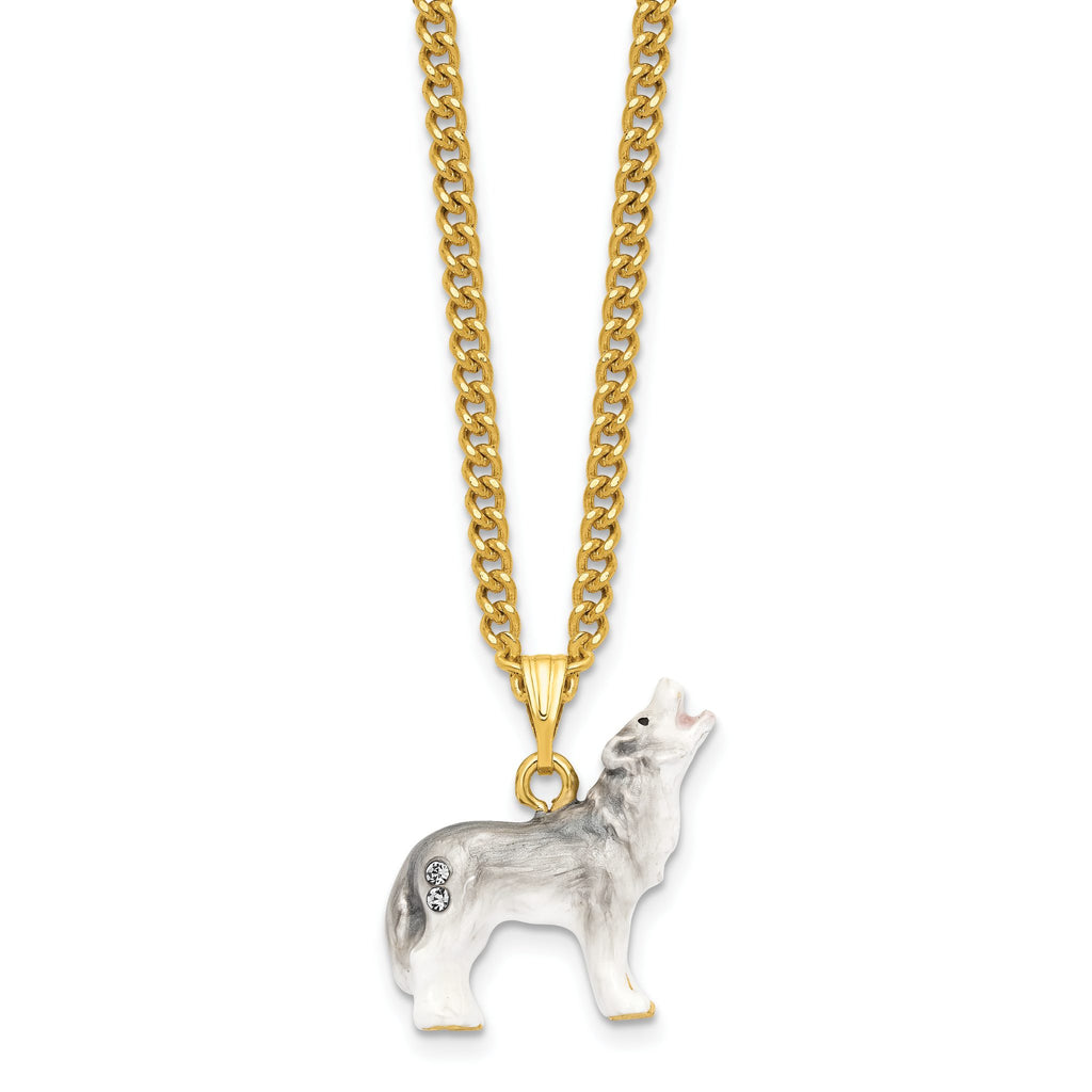 Luxury Giftware by Jere Pewter Bejeweled Crystals Gold-tone Enameled JACK Howling Wolf Trinket Box with Matching 18 Inch Necklace