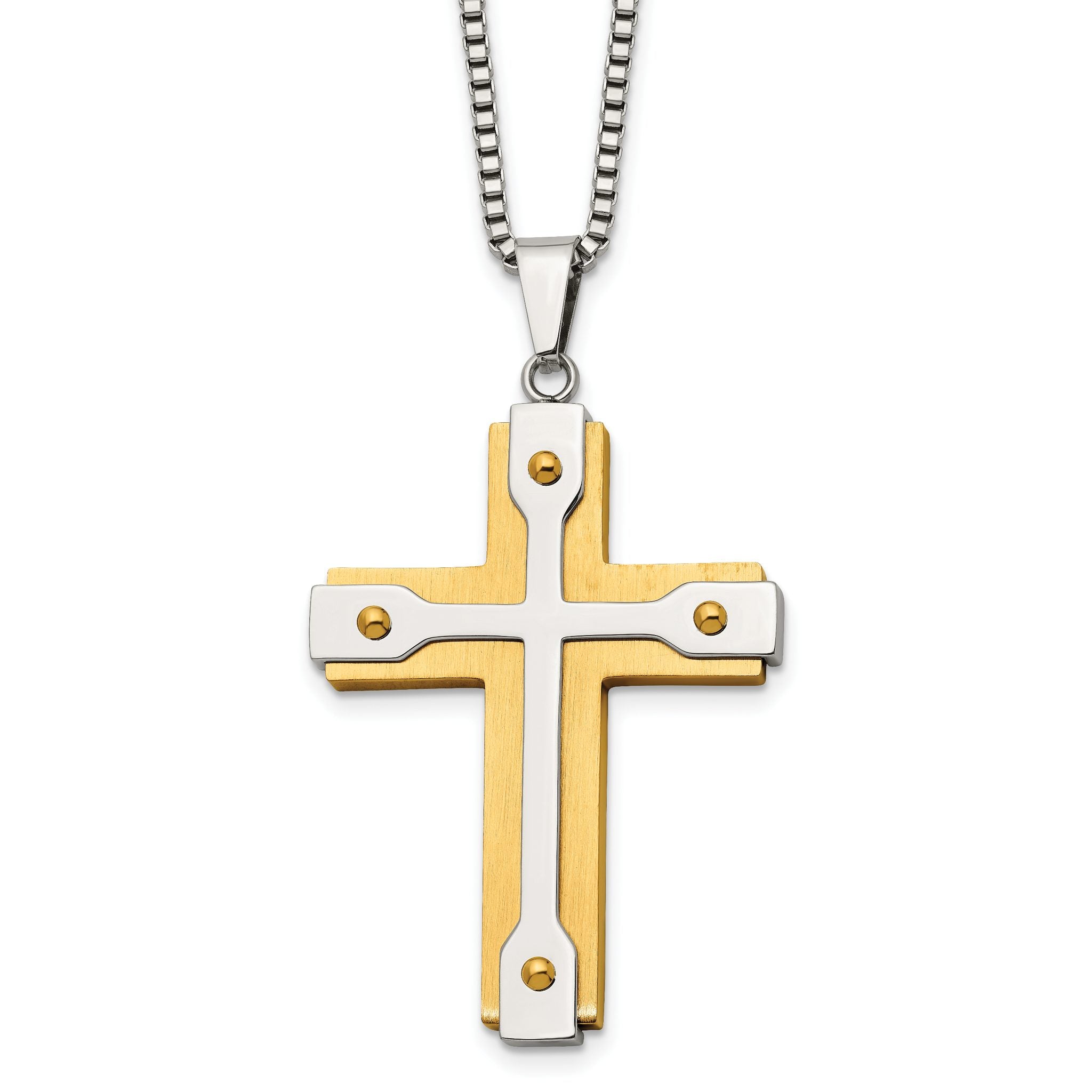 Chisel Stainless Steel Brushed and Polished Yellow IP-plated Cross Pendant on a 22 inch Box Chain Necklace Main image