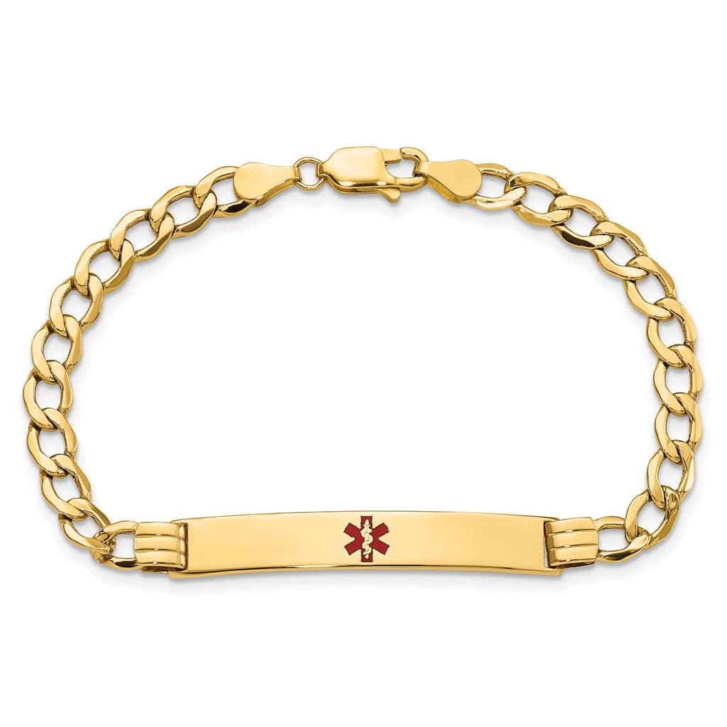 14K Medical Semi-Solid Chain/Solid Plate 37x6mm Centered Red Enamel Cuban Link 8 inch ID Bracelet