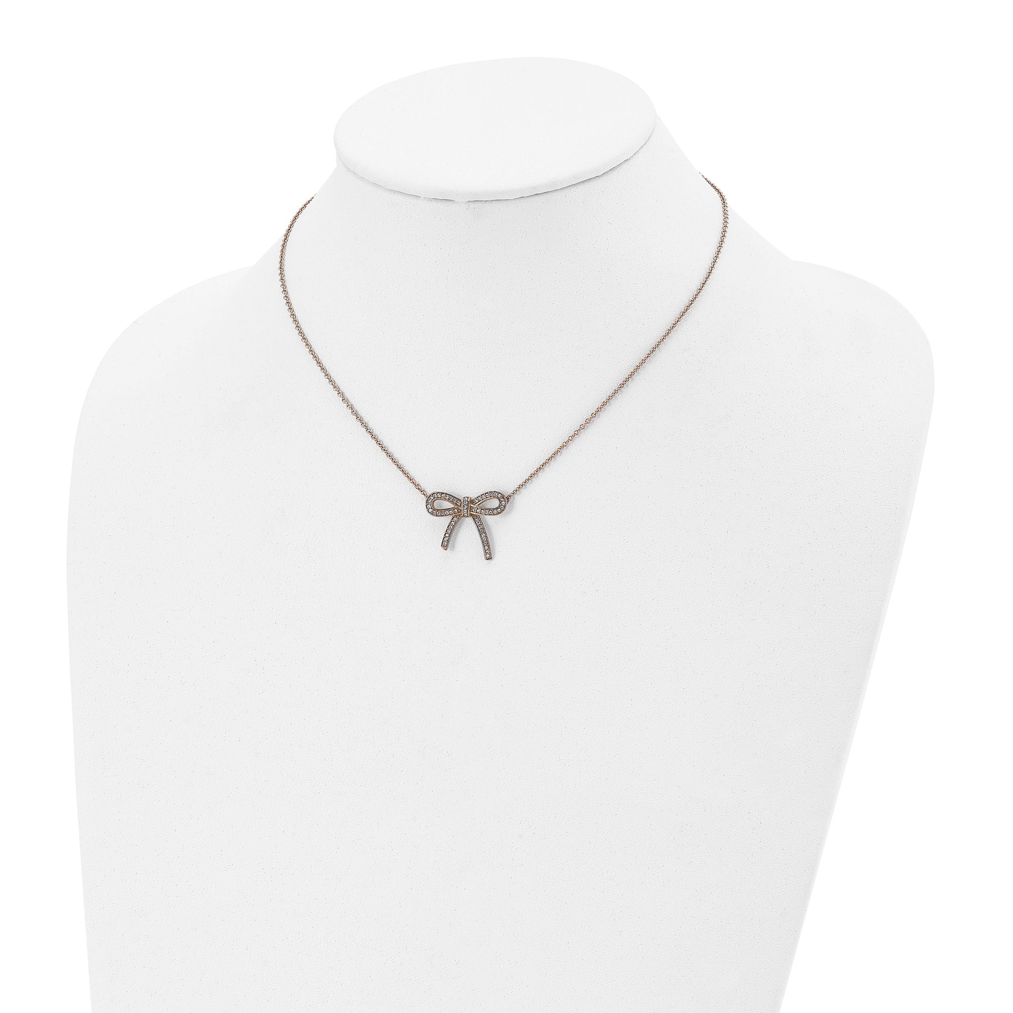 Stainless Steel Polished Rose IP-plated Crystal Bow w/1.75in ext Necklace