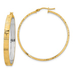 14K Polished and Rhodium Diamond-cut Circle Hoop Earrings
