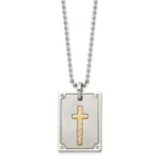 Stainless Steel w/18k Brushed and Polished 1/20ct Dia Cross Necklace