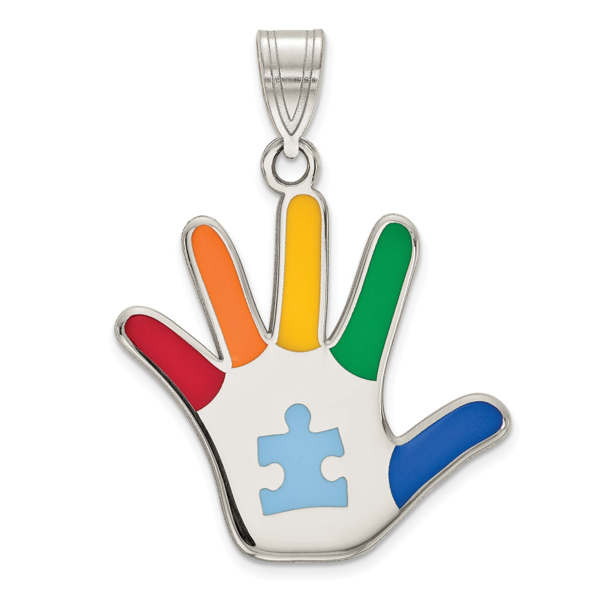 Sterling Silver Engravable Autism Puzzle Pendant with Polished Rhodium Finish Main image