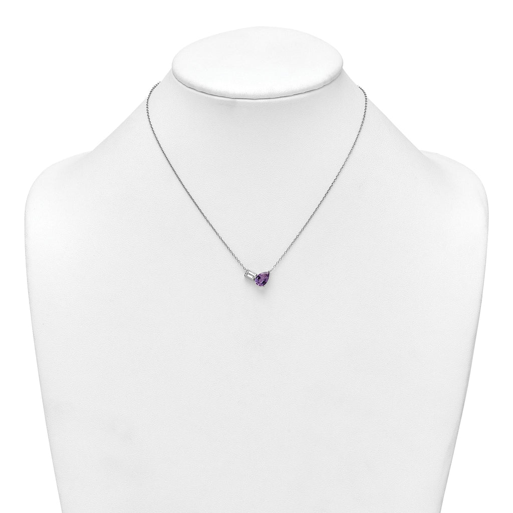 Sterling Silver Rhodium-plated Polished Pear Amethyst and Emerald-cut White Topaz 16 Inch with 2 Inch Extension Necklace