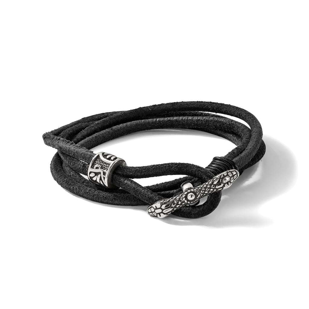 Stainless Steel Antiqued and Polished Snake Heads Black Suede Wrap Bracelet