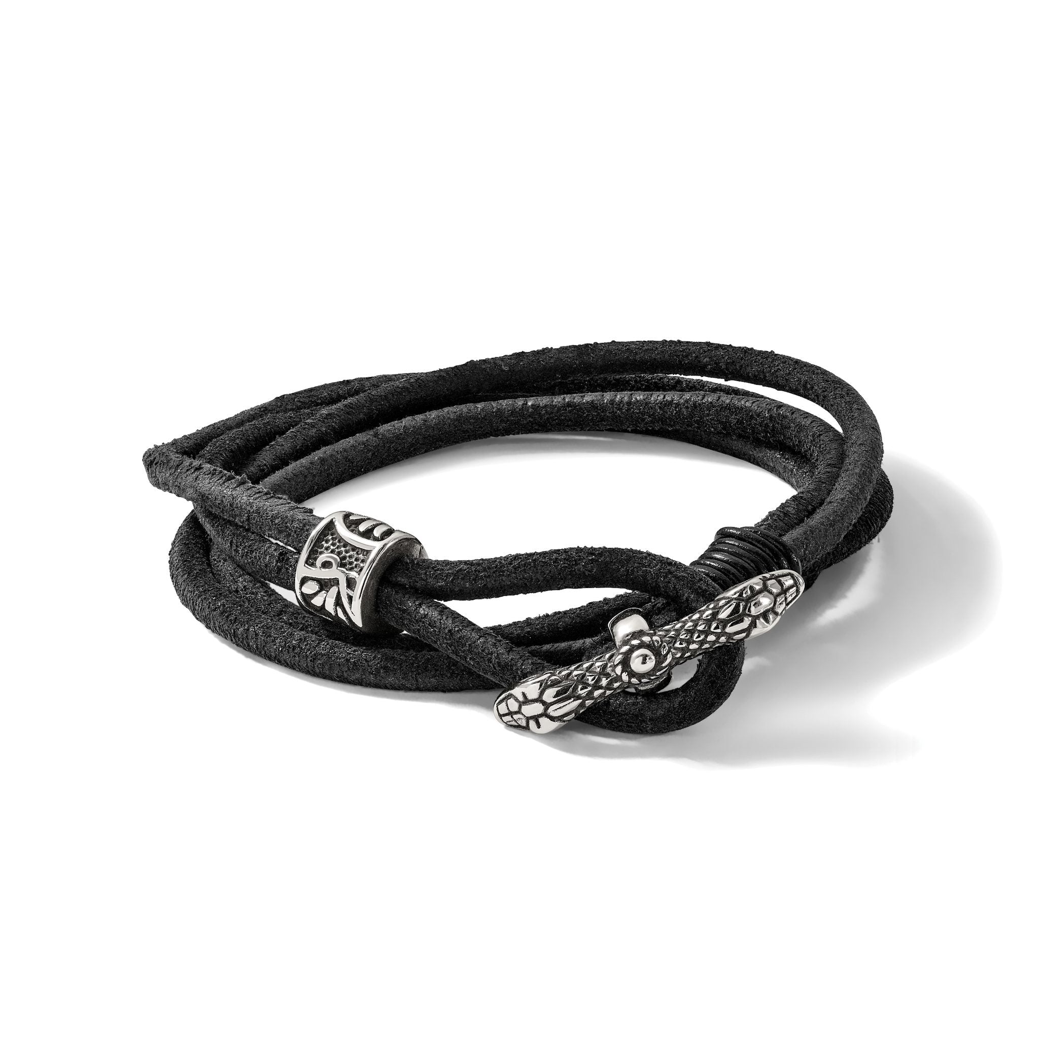 Stainless Steel Antiqued and Polished Snake Heads Black Suede Wrap Bracelet