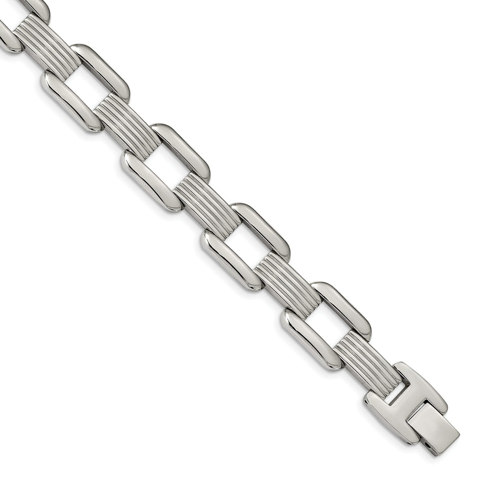 Stainless Steel Polished and Textured Rounded Square Open Link Bracelet for Men