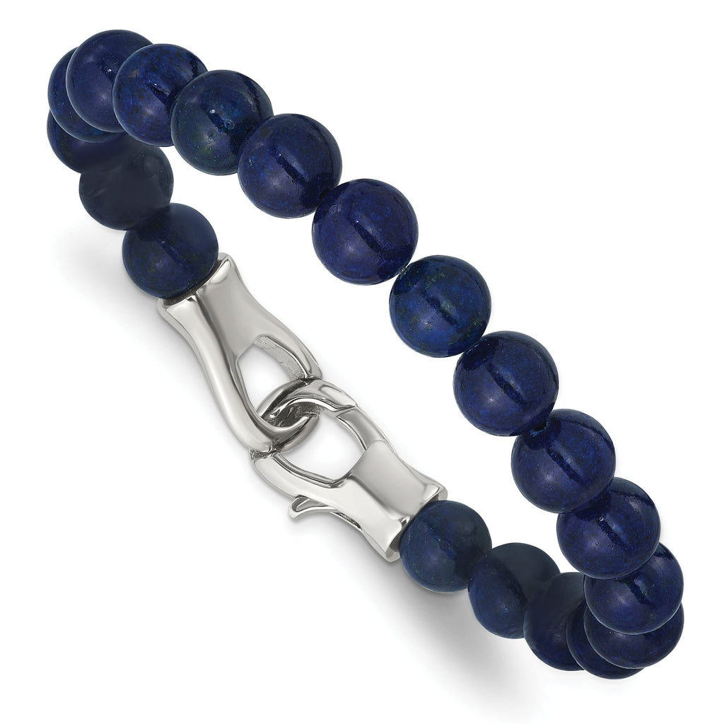 Stainless Steel Polished Genuine Lapis Beaded Bracelet for Men