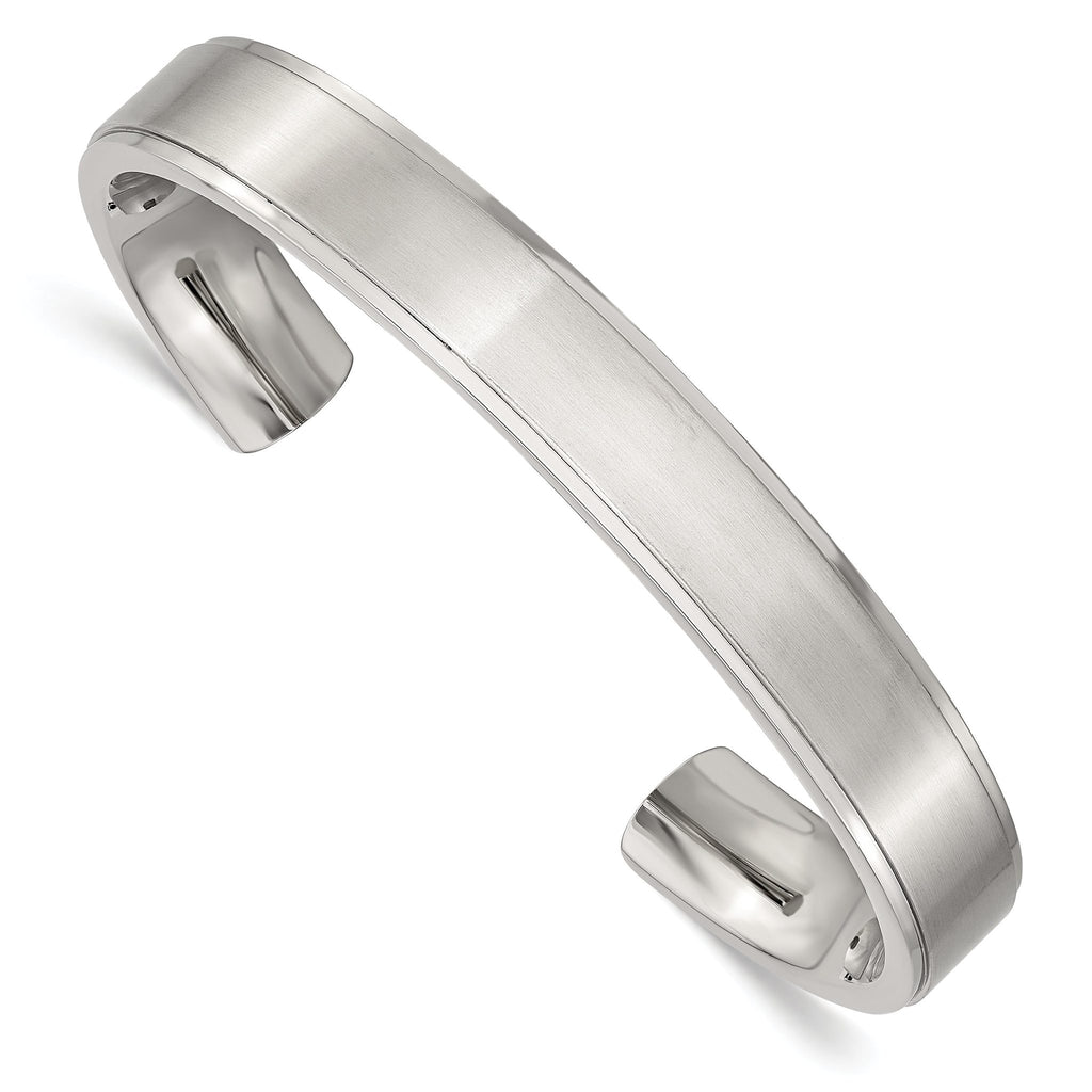 Stainless Steel Brushed and Polished Ridged Edge 11mm Cuff Bangle Bracelet