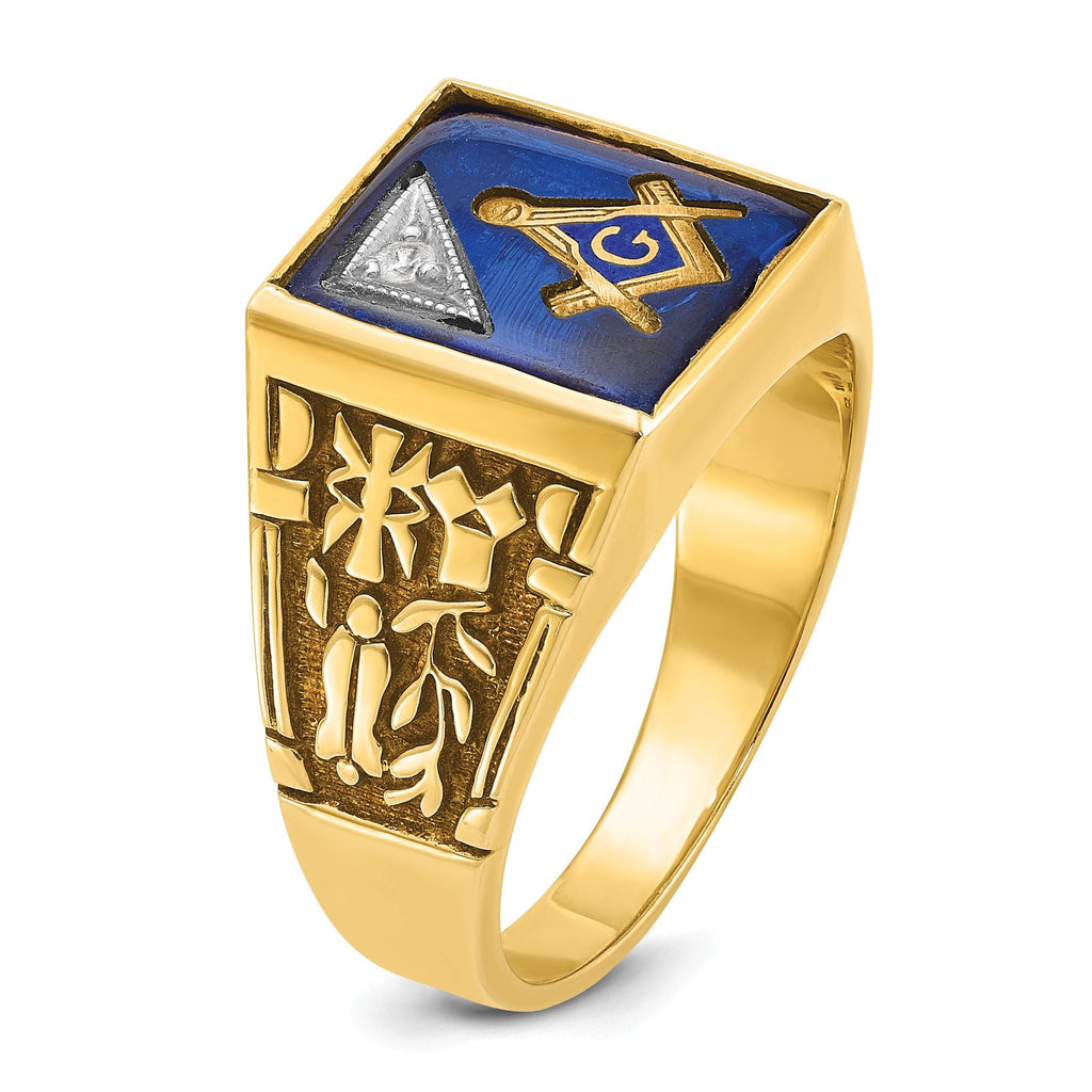 14k Two-tone Men's Polished and Textured with Lab Created Sapphire and Diamond Blue Lodge Master Masonic Ring