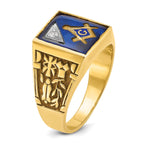 14k Two-tone Men's Polished and Textured with Lab Created Sapphire and Diamond Blue Lodge Master Masonic Ring