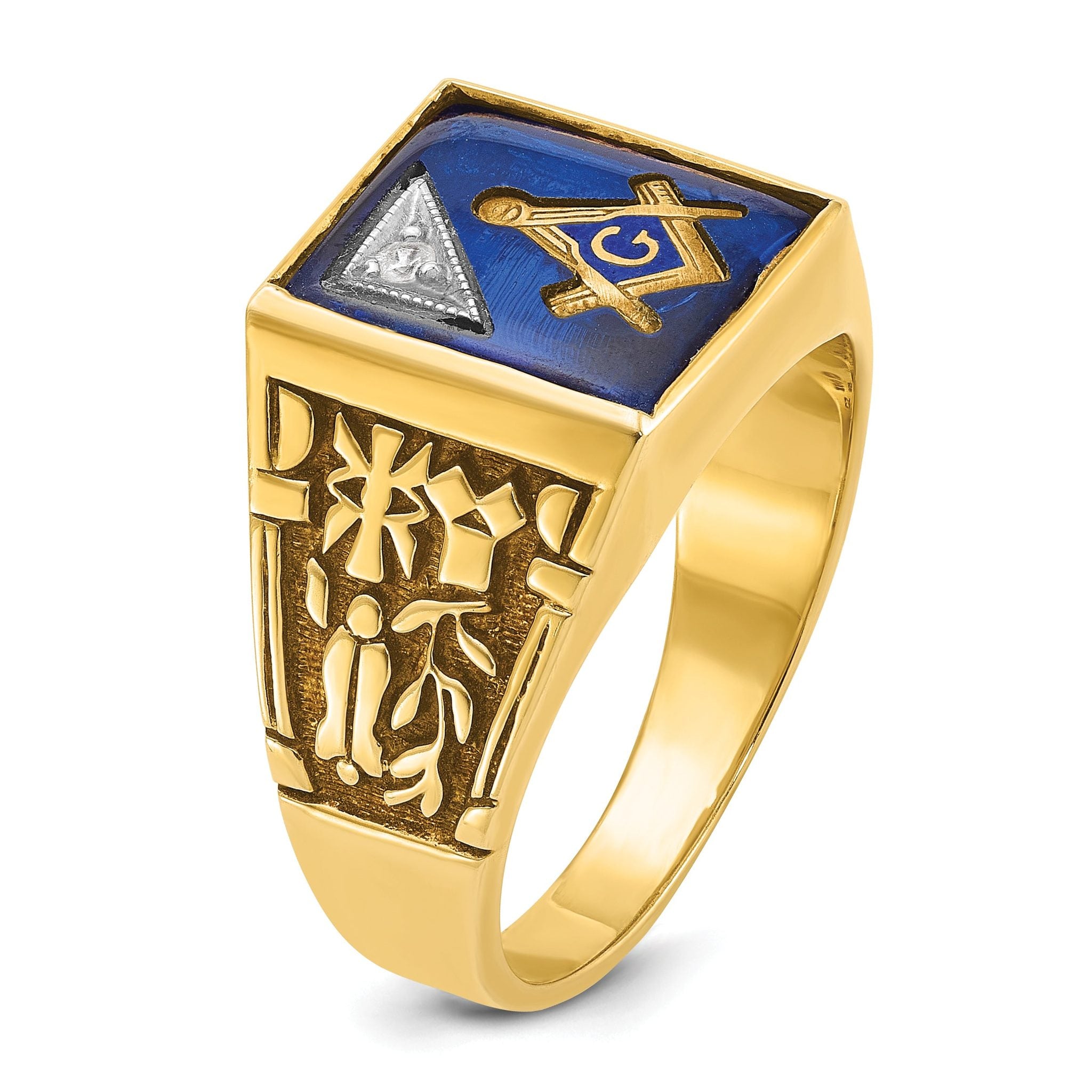 14k Two-tone Men's Polished and Textured with Lab Created Sapphire and Diamond Blue Lodge Master Masonic Ring