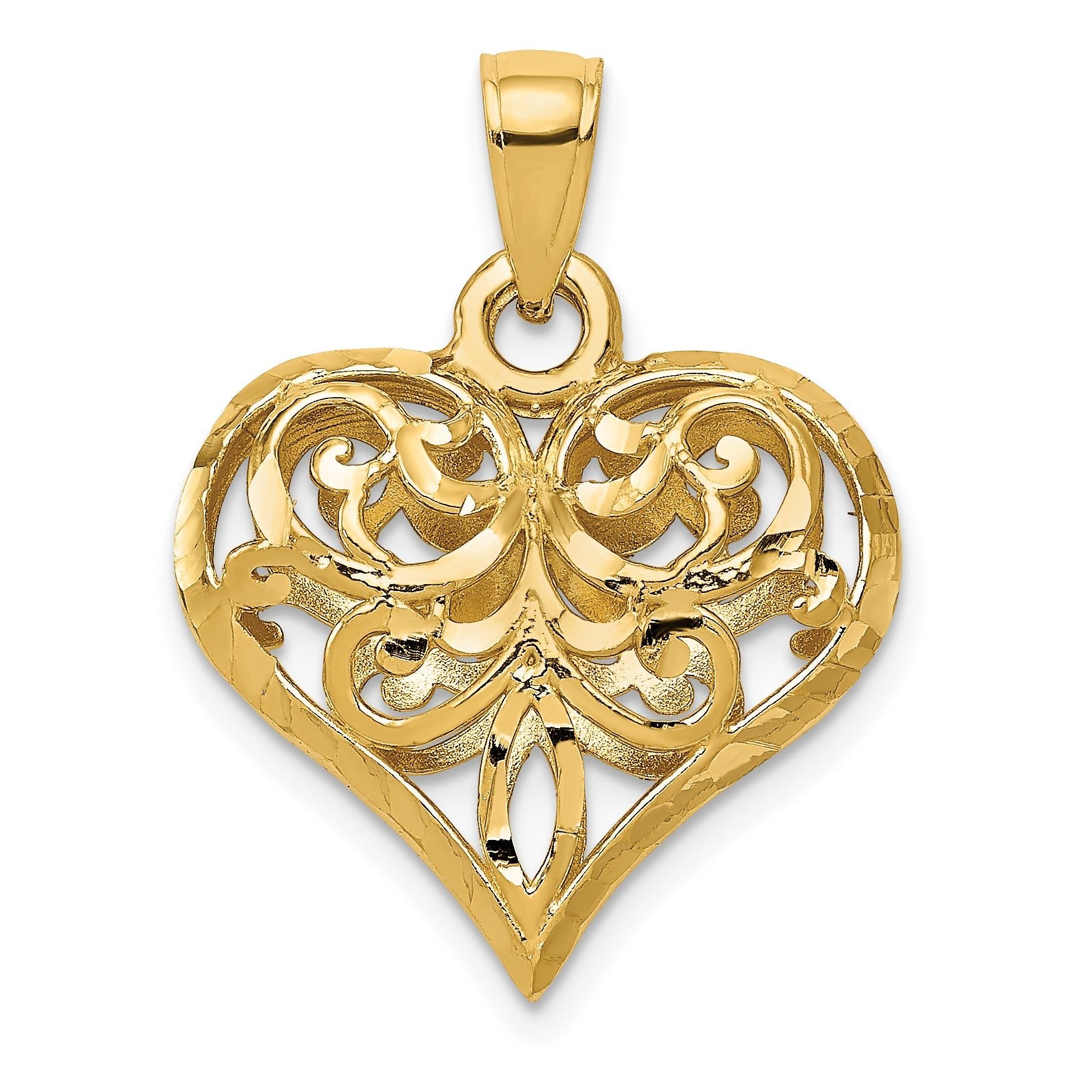 14K Gold Polished Filigree 3D Puffed Heart Pendant by Sophia Jewelers