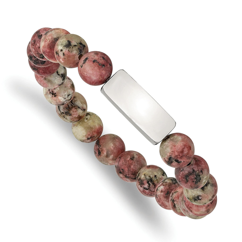 Stainless Steel Polished ID Plate 8.5mm Rhodochrosite Beaded Stretch Bracelet