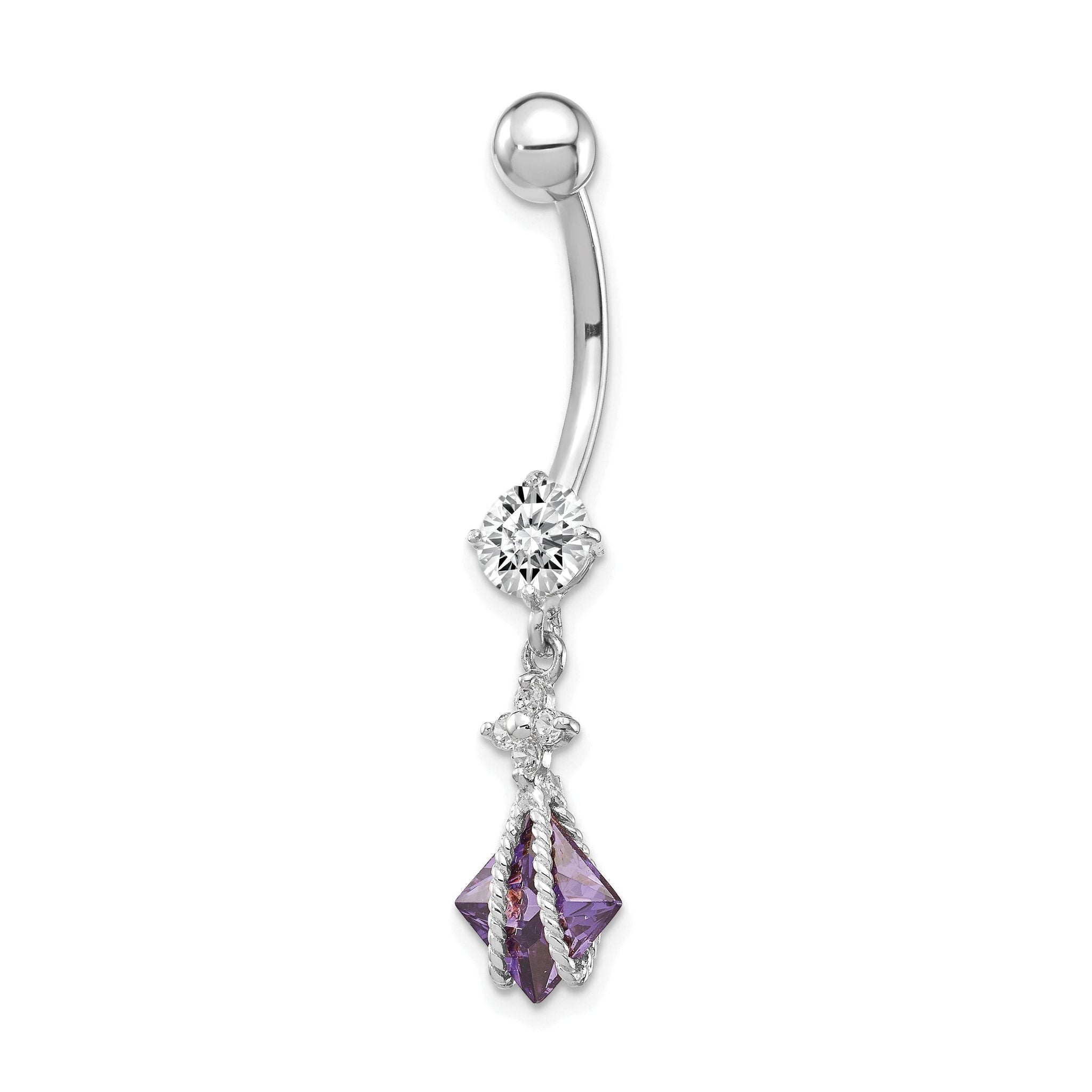 10K White Gold Amethyst CZ Belly Dangle Rhodium-Plated Elegant Design Main image