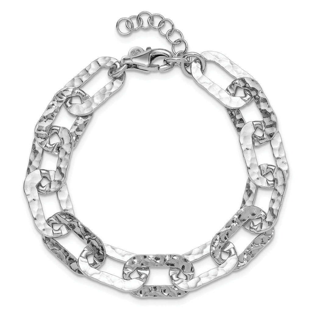 Sterling Silver Rh-pl Polished/Hammered Fancy w/1in ext. Bracelet