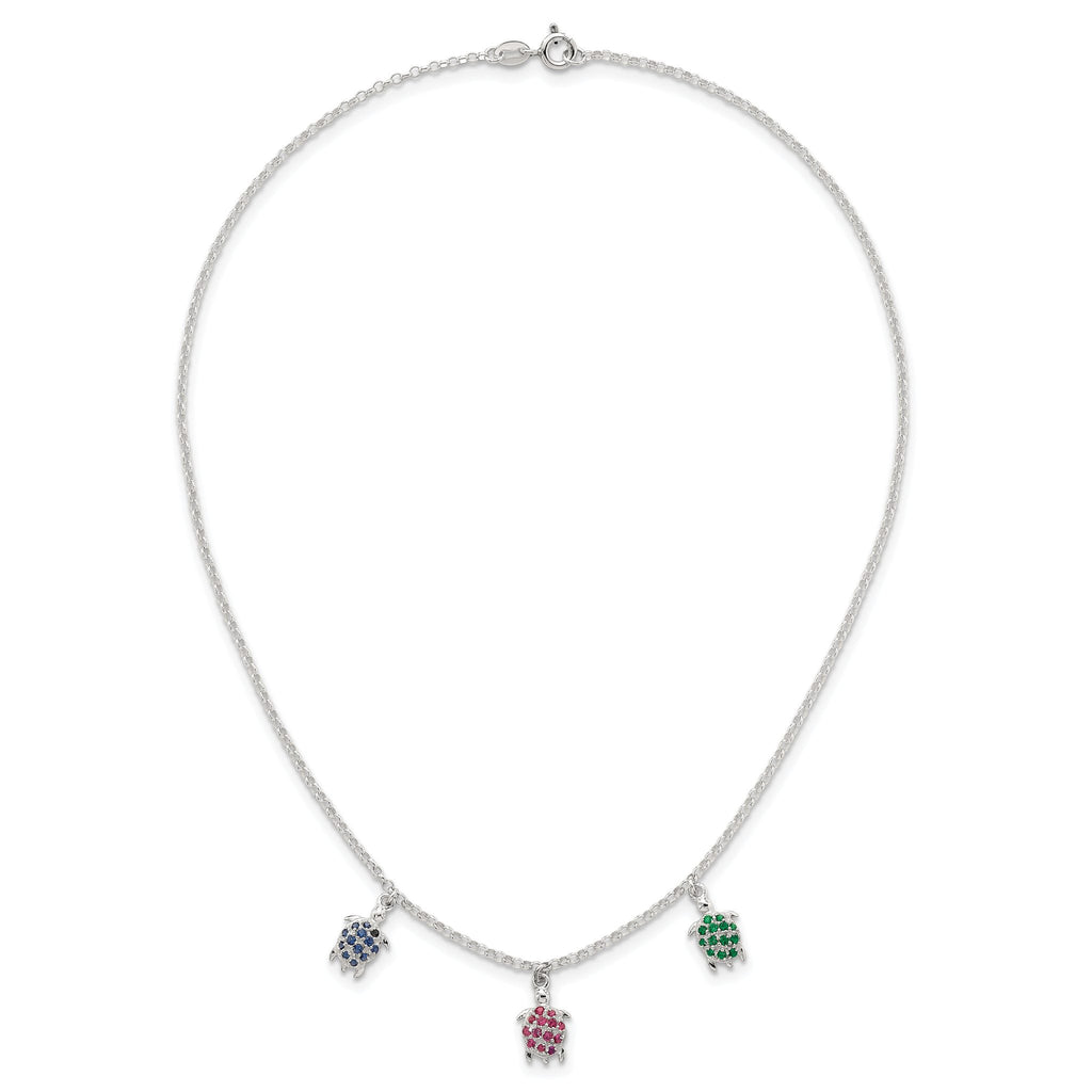 Sterling Silver Polished Green/Red/Blue Nano Crystal Turtles 16 inch Necklace