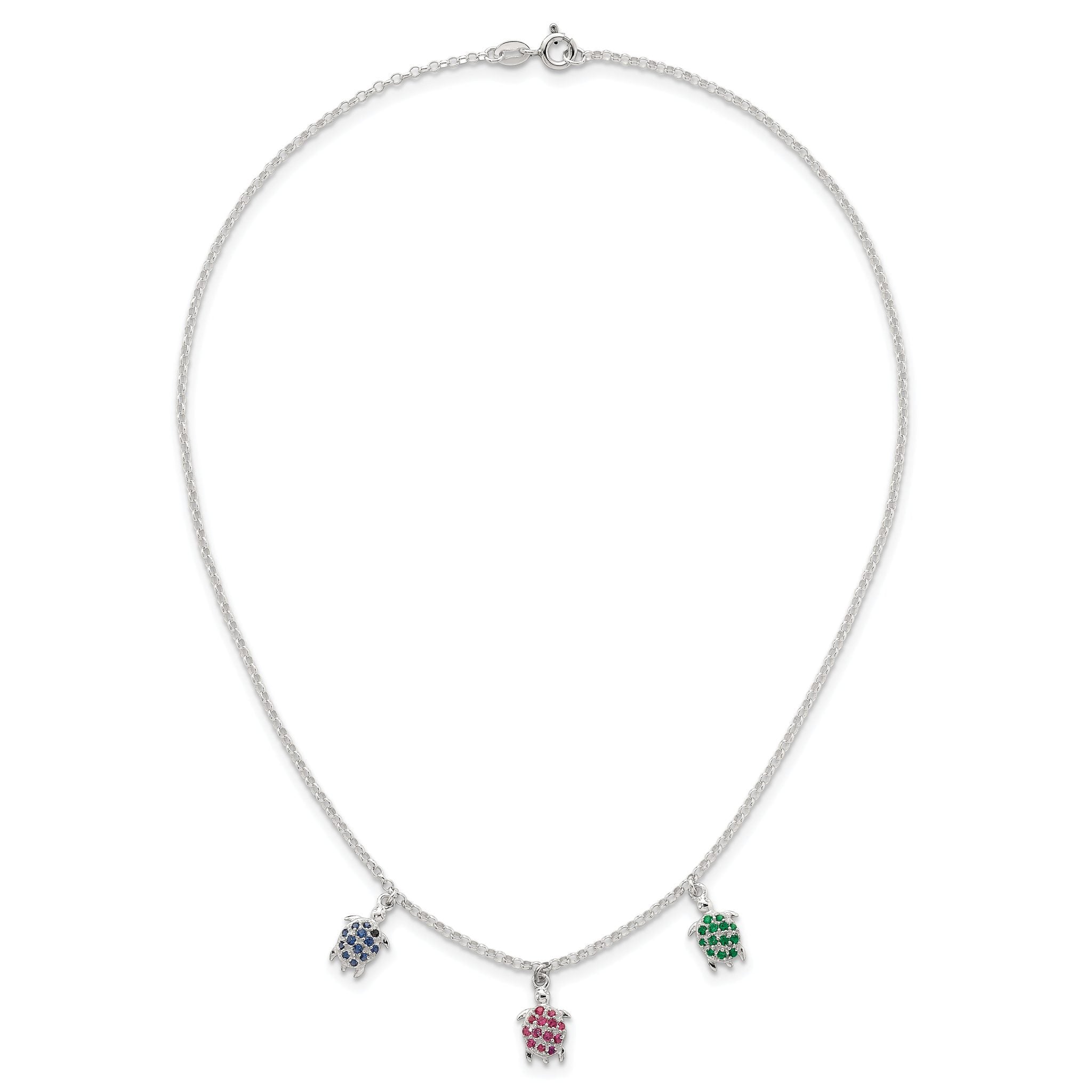 Sterling Silver Polished Green/Red/Blue Nano Crystal Turtles 16 inch Necklace