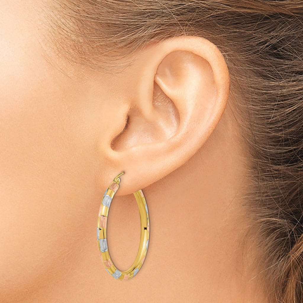 14k w/ White and Rose Rhodium Polished Satin Diamond-cut Hoop Earrings