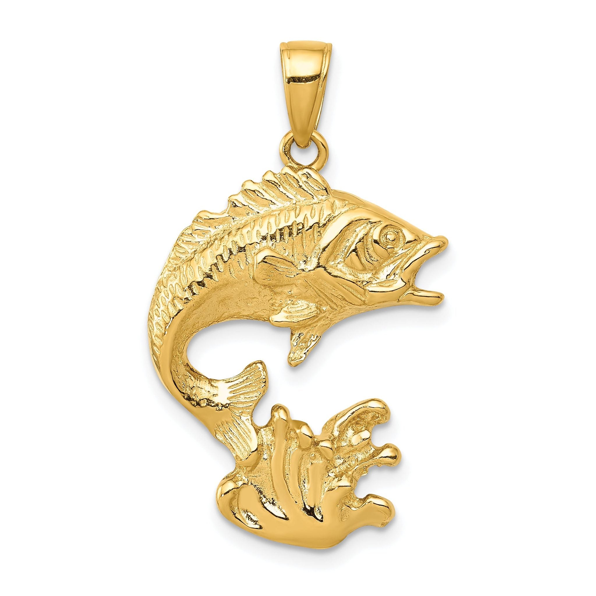 14K Gold Polished Men's Bass Fish Pendant with Open Design Main image