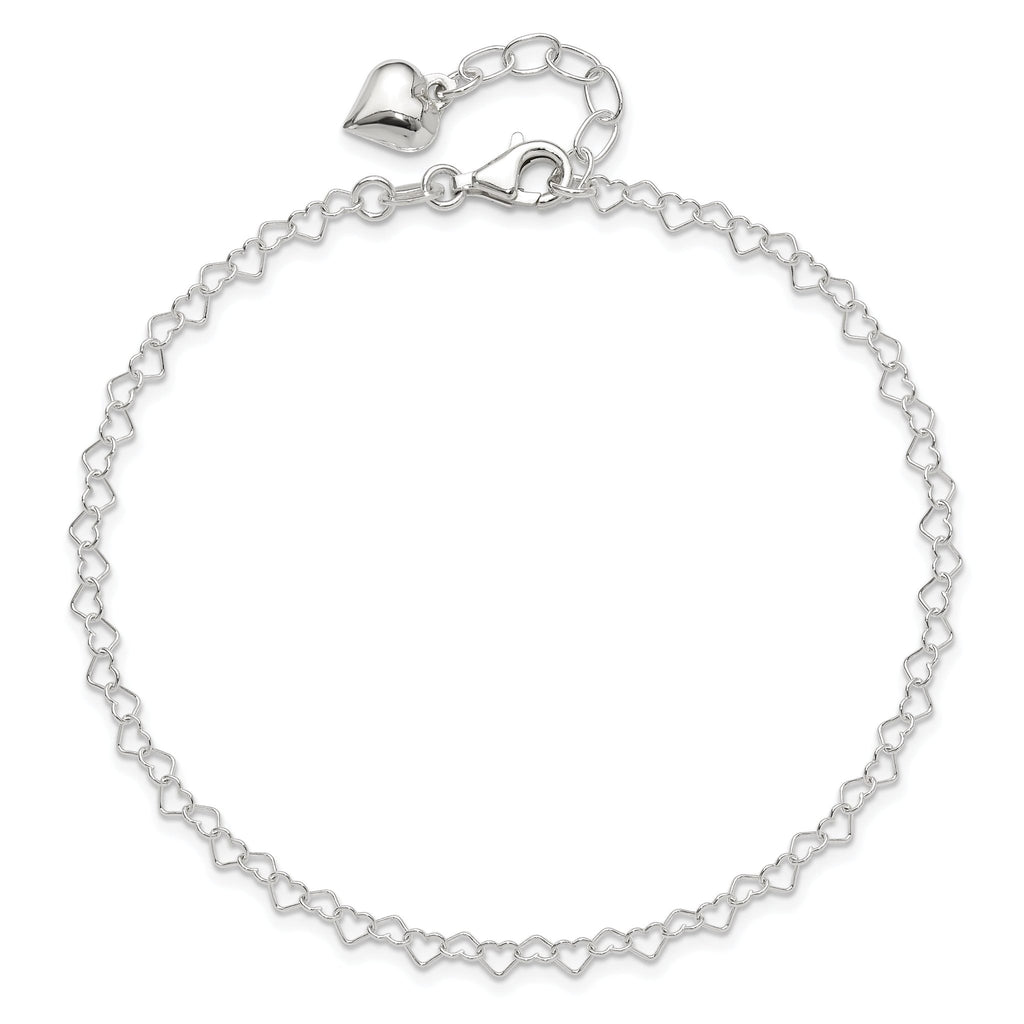 Puffed Heart Dangle Anklet in Sterling Silver